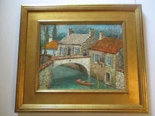 MID CENTURY  PAINTING BRITTANY AND BRIDGE   IMPRESSIONIST LANDSCAPE NAUTICAL OIL