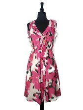 Ann Taylor Loft Pink White Black Ruffle V-Neck Fit Flare Dress Size 0