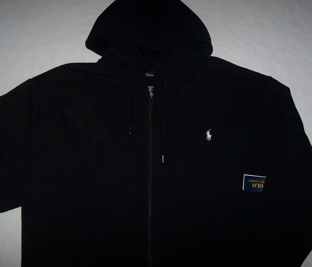 Polo Ralph Lauren nuova con etichette SOLID BLACK DOPPIA MAGLIA FULL ZIP CAPPUCCIO UOMO 4XB WHITE PONY