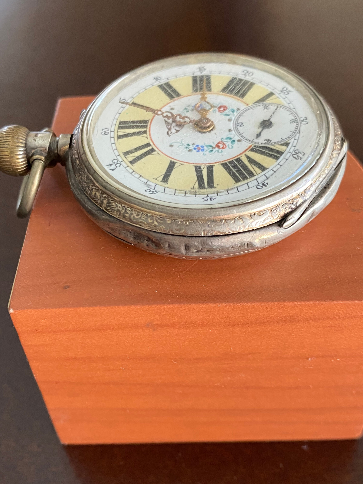 VINTAGE 46MM SWISS POCKET WATCH, .800 SILVER , FANCY DIAL AND CASE