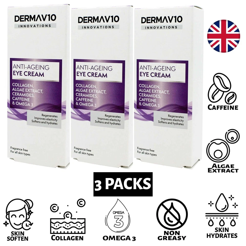 3x Derma V10 Innovations Anti Ageing Eye Cream, Collagen Fragrance free 15ml