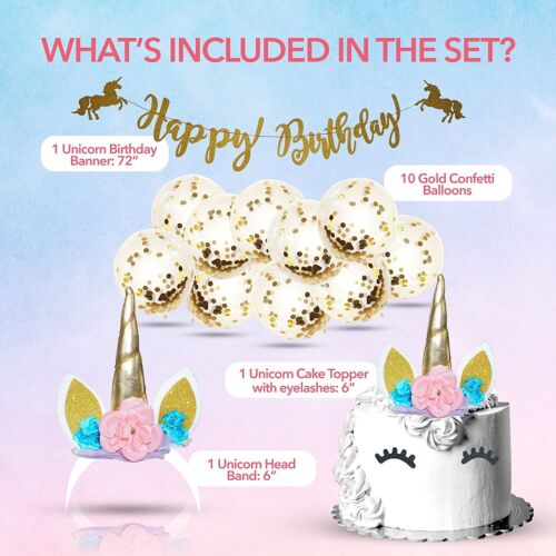 Unicorn Happy Birthday Decorations Kit,Cake Topper,Banner,Balloons,Party Favors - Picture 2 of 7
