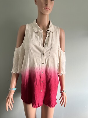 Umgee Women s Size M Button Down Cold Shoulder Shirt Dip Dyed