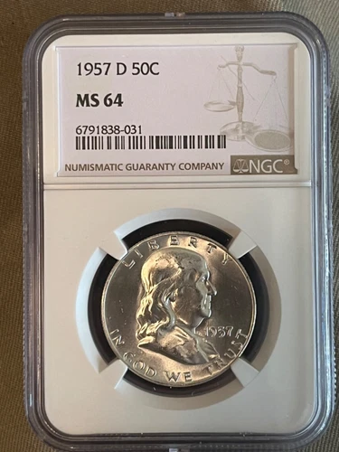 1957-d Franklin half dollar, Brilliant Uncirculated condition, NGC MS64, Nice