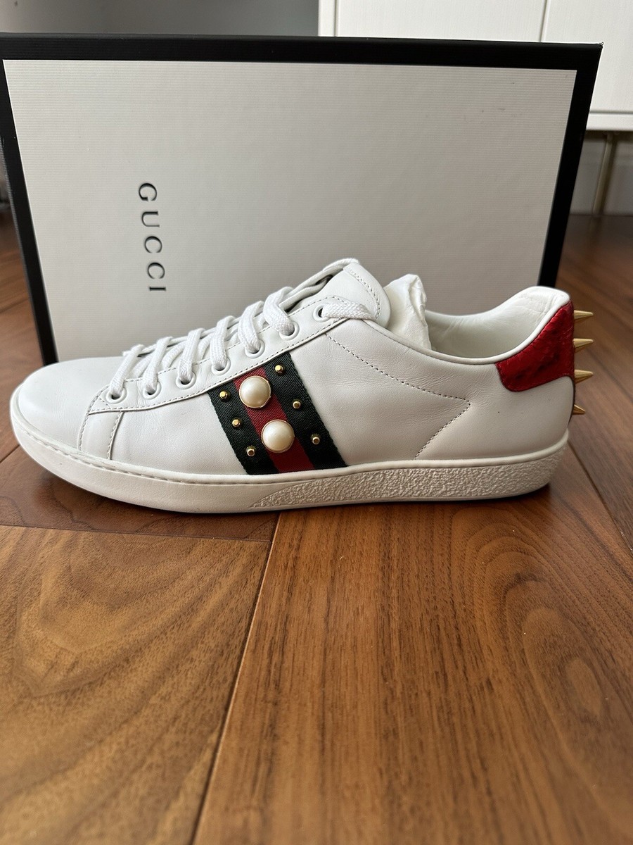 Authentic Gucci 'New Ace' Studded Low Top Sneakers White Womens