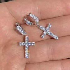 2 Ct Round Cut Real Moissanite Men's Dangle Cross Earrings 925 Sterling Silver