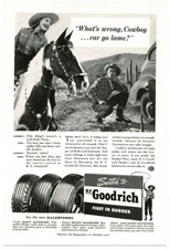 1941 B.F. Goodrich Silvertown tires Cowgirl on horse Cowboy has flat Vintage ad