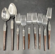 EKCO ETERNA La Joya Stainless  Flatware Japan MCM  Faux Wood  9Pc 2 Spoon 7forks