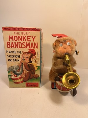 1950s Vintage Battery Operated Busy Monkey Bandsman Toy Saxophone & Drum Alps Co