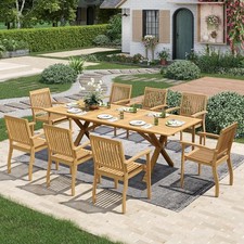 9 PCS Patio Dining Set Outdoor Rectangular Expandable Acacia Wood Table Chairs