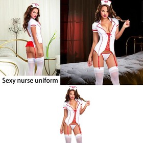 Women Sexy Nurse Lingerie Naughty Costume Dress Halloween Cosplay Uniform +Hat