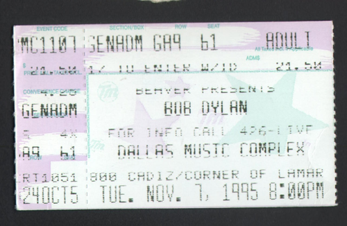 BIGLIETTO CONCERTO BOB DYLAN STUB 7 NOVEMBRE 1995 DALLAS MUSIC COMPLEX TEXAS IAN MOORE - Foto 1 di 2