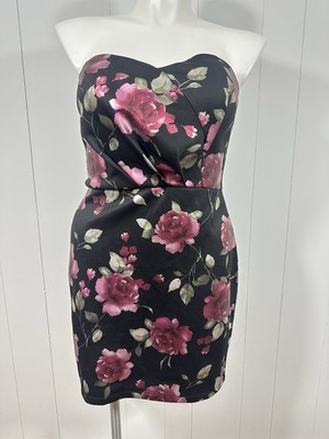 NEW BCX Womens Sz 15 Junjors Satin Black Purple Floral Dress Back Tie Strapless