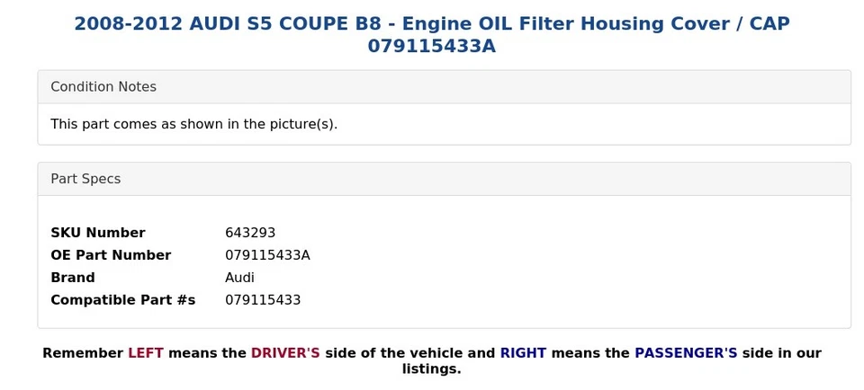 AUDI S5 2008-2012 CUPÉ B8 - Cubierta de carcasa de filtro de aceite del motor / tapa 079115433A Foto 4 de 4