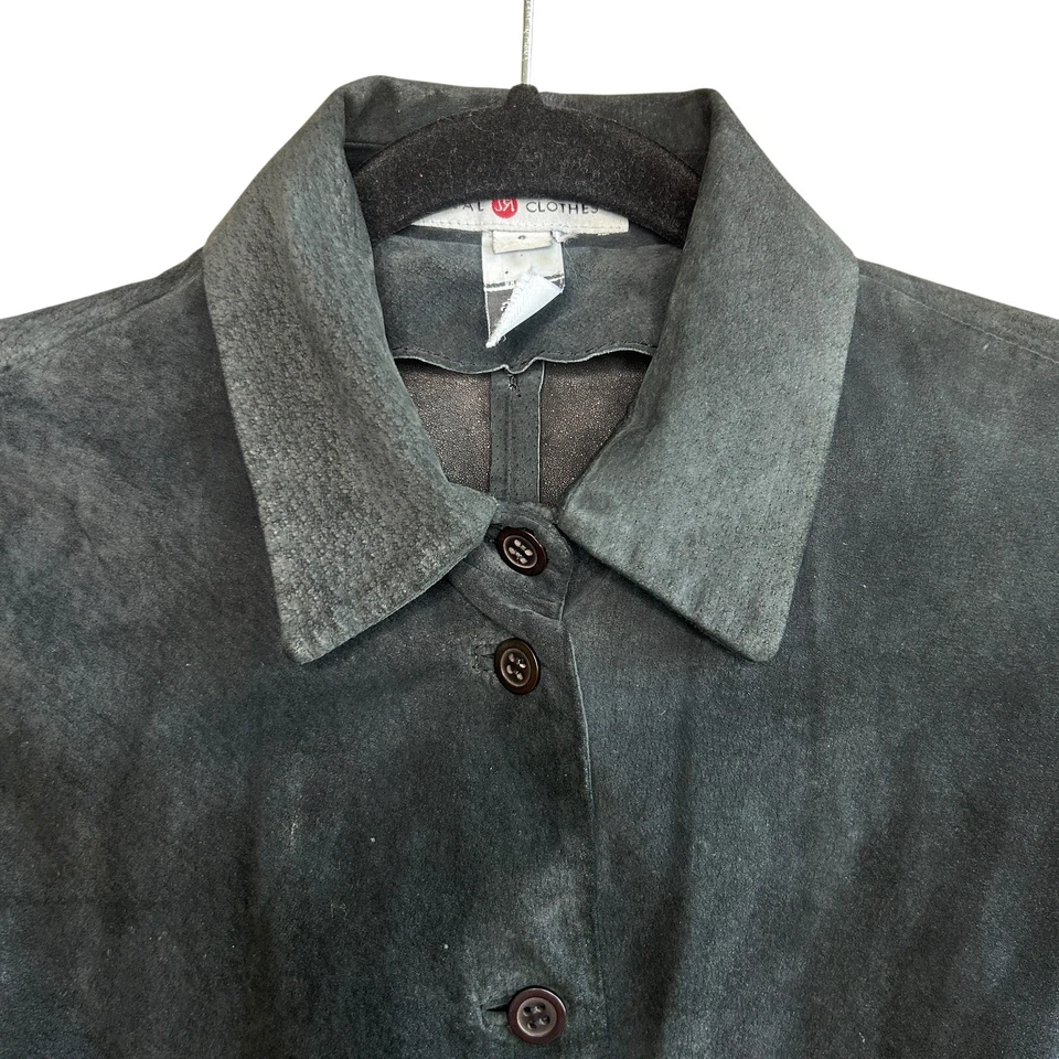 Camisa Saks Fifth Avenue Real Clothes Vintage Negra Gamuza Cuero Botón Frontal Foto 2 de 4