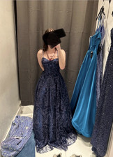 Women's Navy Blue Formal Gown Lace Evening Dress with Elegant Lace Details