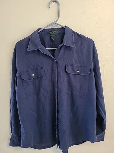 Camisa abotonada de lino Lauren Ralph Lauren para mujer XL manga larga bolsillo azul