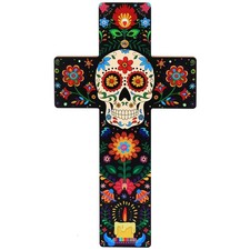 Day of The Dead Cross Wall Decor, Mexican Floral Sugar Skull Print 15 x 8.5 Inch