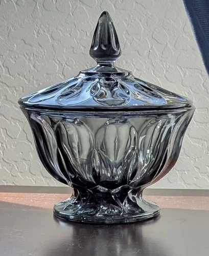 Vintage 1970s Anchor Hocking Fairfield Smoke/Gray  Footed Candy Dish With Lid