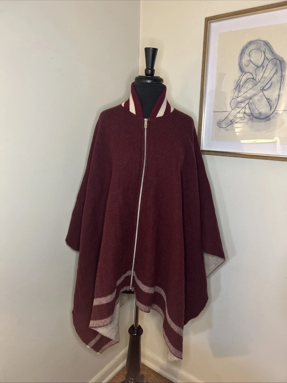 Rag & Bone Women’s Varsity Zip Red Wool Poncho-one Size