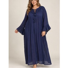 Roamans Navy Blue Crinkle Gauze Lace Up Tassel Maxi Dress Plus 28W Airy Casual