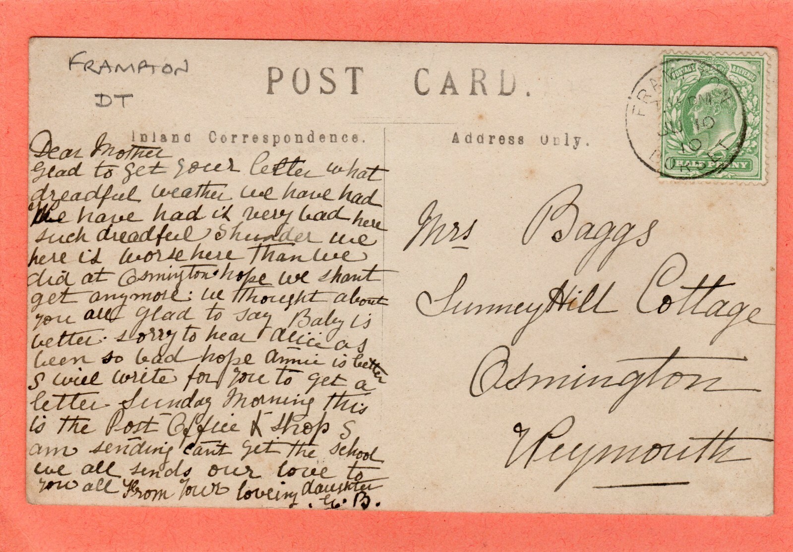 Post Office Frampton Nr Maiden Newton Dorchester RP 1910 Frampton