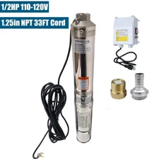 4" Deep Well Submersible Pump 1/2HP 110V 25GPM 150ft Max 33ft Cord w/Control Box