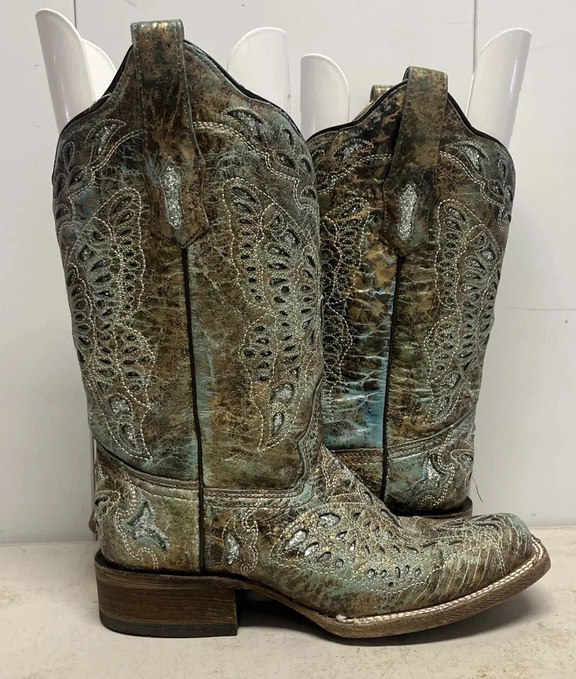 Corral boots 8.5 M Square Toe Women's bronze/turquoise glitter inlay style A2955 - Image 4 of 4
