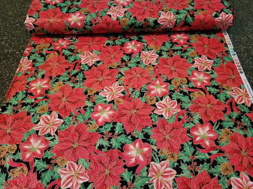 Joy To The World BTY Lisa Conlin Quilting Treasures Poinsettia Holly Black - Image 3 of 3