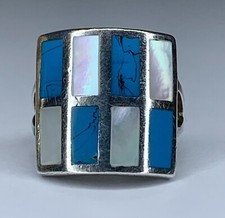Vintage Turquoise  Mother of Pearl Inlay Mosaic 925 Ring Size 6.25