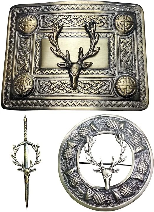 Juego de 5 cinturones escoceses de cuero negro con diseño de cabeza de ciervo hebilla, broche, alfiler y calcetines Foto 2 de 4