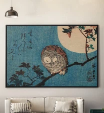 Small Horned Owl on Maple Branch under Full Moon Canvas/Poster Wall Art