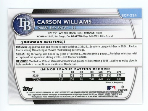 2025 Bowman Chrome #BCP-234 Carson Williams Shimmer Refractor - Picture 2 of 2