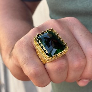 Authentic 925 Sterling Silver 14k Gold Plated Men Handmade Green Stone Ring, Turkish Ring