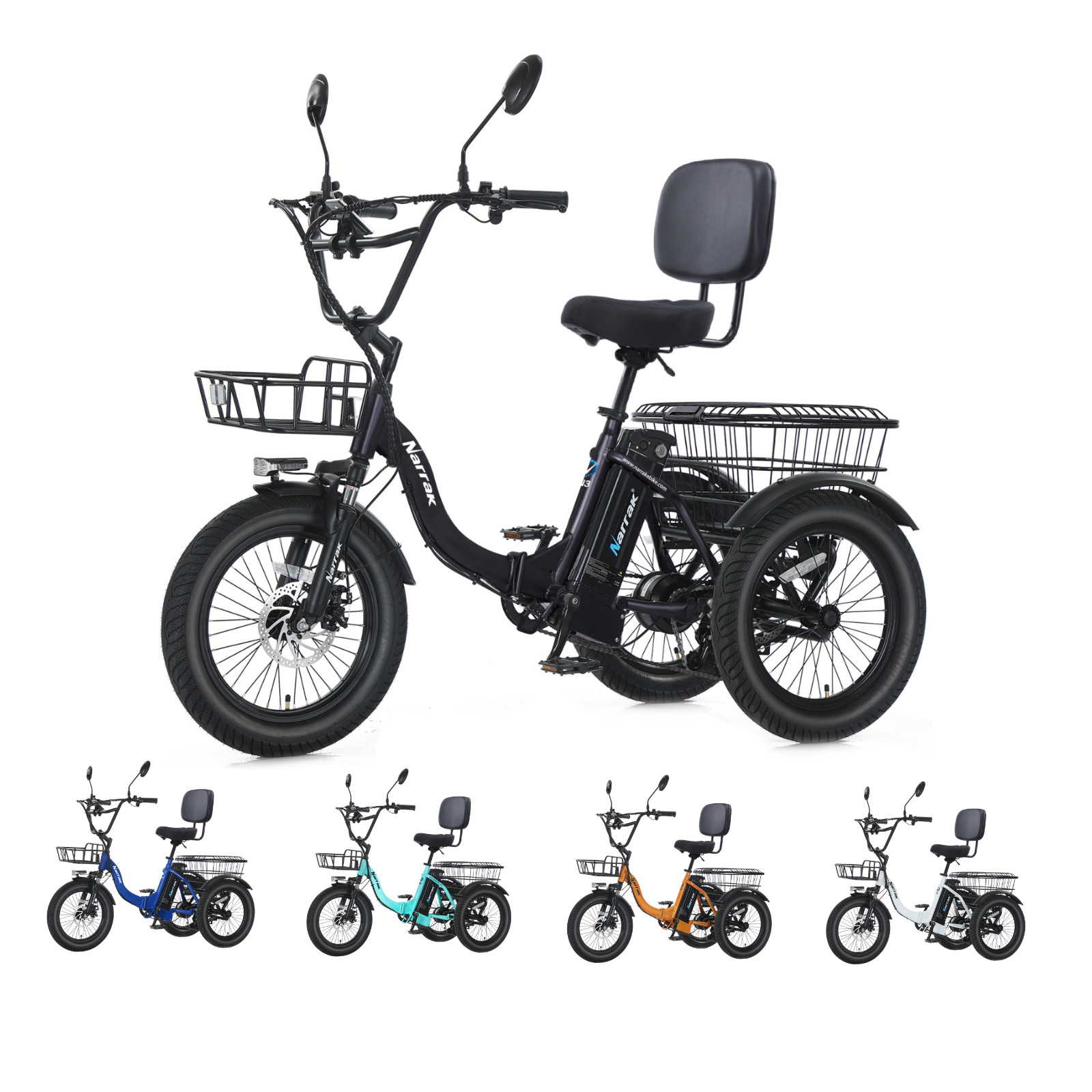 Narrak Fat Tire Folding Electric Trike Peak 1100W 624WH Removable Battery