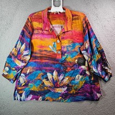  119 NEW John Mark Top Shirt Women 1X 1/2 Button Floral Painting Lightweight