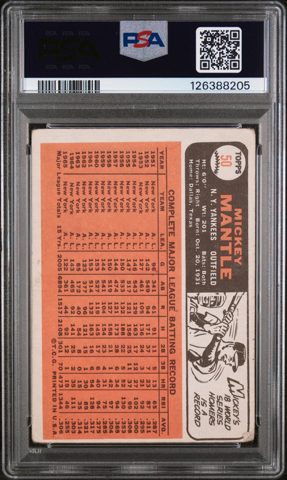 1966 TOPPS #50 MICKEY MANTLE PSA 1 view 2