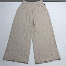 Guess Dress Pants Womens L Beige Linen Wide Leg Pleated Twill Zip Pockets Work