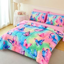 7 Pcs Butterfly Twin Bedding Set for Girls, Colorful Comforter Twin-7pcs Pink