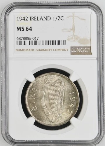 mw29064 Ireland Silver 1/2 Crown 1942 NGC MS 64 KM#16