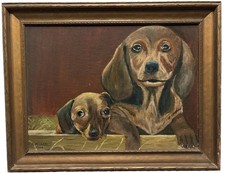 1966 Signed Folk Art PRIM Dachshund Weiner Dogs Oil Painting Framed ULTIMATE!