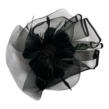 Black Mesh Fascinator Hat with Feather Flower and Headband Clip   Elegant Formal