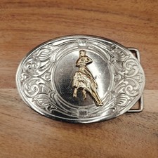 Vtg Western Engraved Style Horse Rodeo Floral Scroll Cowboy Belt Buckle