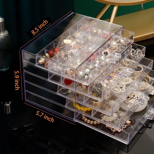 Acrylic Jewelry Box With 5 Drawers Earring Storage Box Clear Jewelry Box - Picture 5 of 7