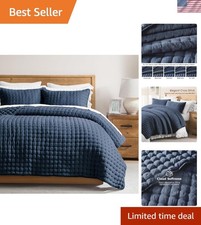 Luxurious Navy Blue King Quilt Set with 2 Pillow Shams - Soft Lightweight