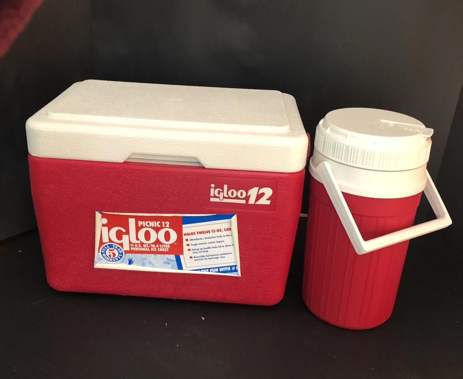 Vintage Red Igloo 12 Cooler & Matching 1/2 Gallon Drink Jug