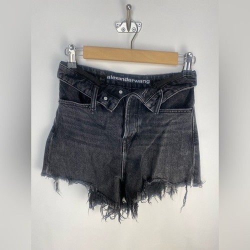 Alexander Wang Bite Foldover Frayed Denim Shorts Faded Black Grey Aged Size 24 - Picture 9 of 14