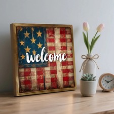 Welcome USA Flag Star Wooden Plaque 4th of July Patriotic Farmhouse Wall Decor