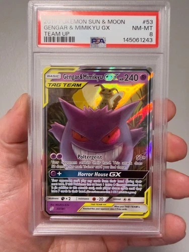 2019 POKEMON SUN & MOON TEAM UP #53 GENGAR & MIMIKYU GX PSA 8