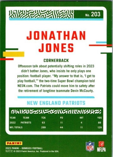 2023 DONRUSS PRESS PROOF SILVER PARALLEL #203 JONATHAN JONES 001/100 - Picture 2 of 2